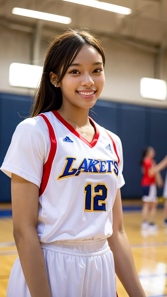 best quality, 1 beautiful woman, basketball player, athletic outfit, high-fiving teammate, smiling, indoor court, energetic, high detail