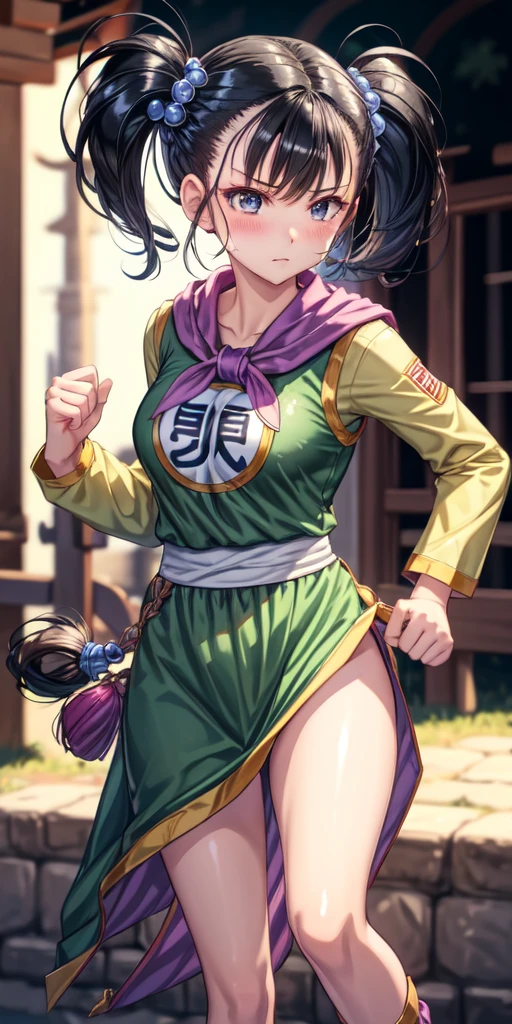 masterpiece, best quality, 4k, 8k, fighter (dq3), 1girl, solo, long hair, twintails, looking at viewer, black hair, hair ornament, long sleeves, dress, medium breasts, closed mouth, cowboy shot, black eyes, chinese clothes, hair bobbles, clenched hand, Punching, Boxing Jab, Feet Apart, Ancient Castle