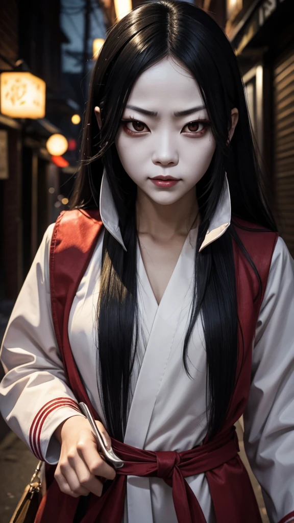 Create a realistic image of the Slit-Mouthed Woman (Kuchisake-onna). She has long black hair and is wearing a white mask, underneath which her terrifying slit mouth is hidden. The background should depict a dimly lit street corner or alley, creating a creepy atmosphere. She is wearing a red coat and holding a large pair of scissors. The overall image should convey a sense of horror.
