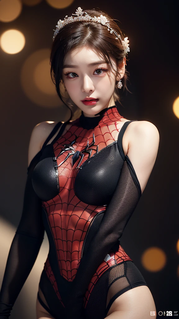 tmasterpiece,1 Chinese girl，realisticlying，8K  UHD，high high quality，in the background bokeh，Delicate headdress，spider-man suit，Spidey，Clothes wrap around the whole body，Tight clothing，Abs contour，Short black hair，s the perfect face，shining face，Ultra-clear face，Elaborate Eyes，idoly