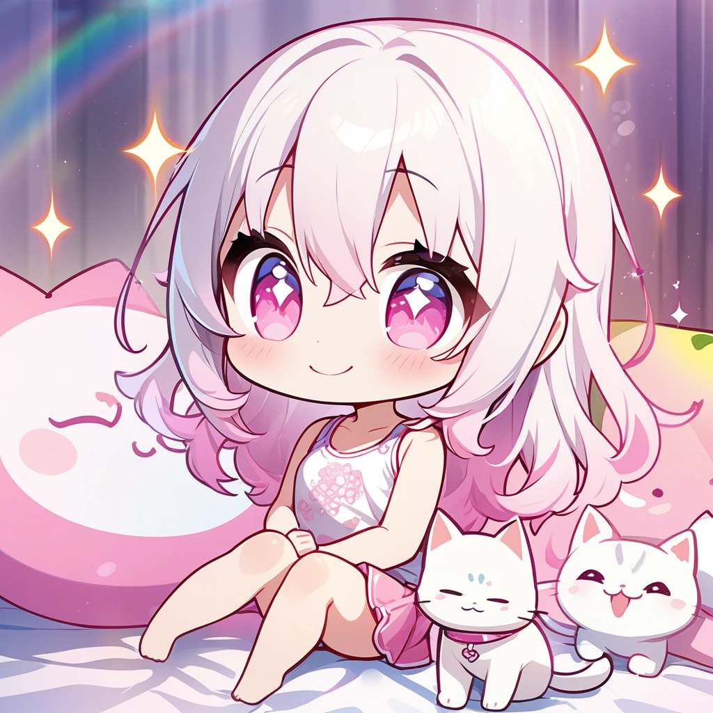 masterpiece, best quality, 4k、2D Illustration、one beautiful girl、solo、(((chibi style)))、((vivid colors))、cute chibi、lovely chibi、long beautiful hair, glossy light silver hair, hair between eyes, cute、beautifully detailed eyes、((tank top))、((miniskirt))、(colorful))、((happy smile))、sitting on bed、((full body shot))、((kitten)), ((lots of pink stuff around))、((bed))、sparkle、((lens flare))、