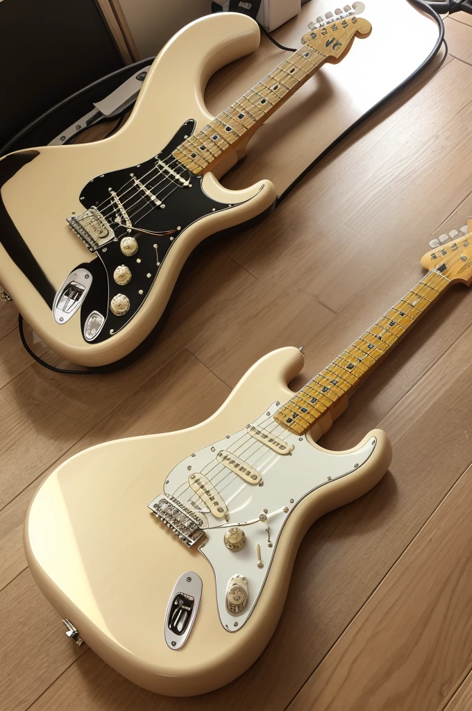 Make a fender standard stratocaster guitar with light wood color, white shield and golden hardware