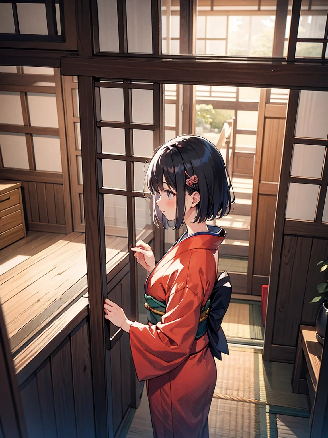 nape, Woman in kimono, Scenery of Kyoto townhouses, Wooden labyrinth, indoor