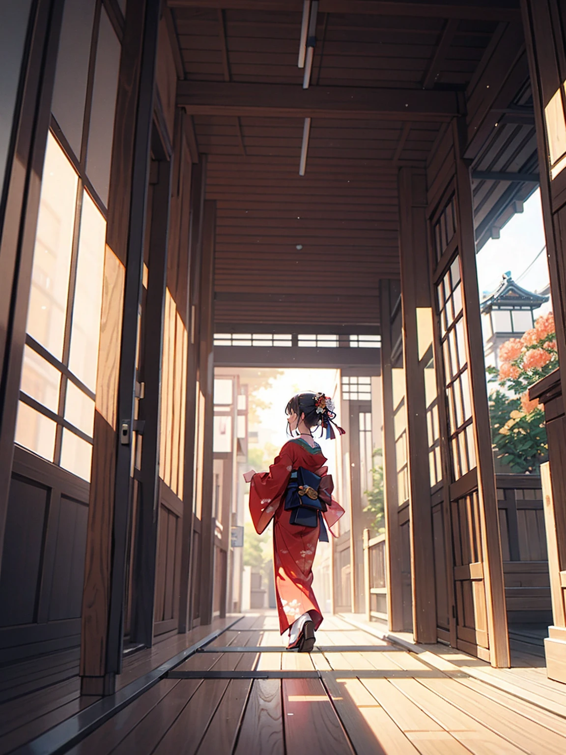 nape, Woman in kimono, Scenery of Kyoto townhouses, Wooden labyrinth, indoor