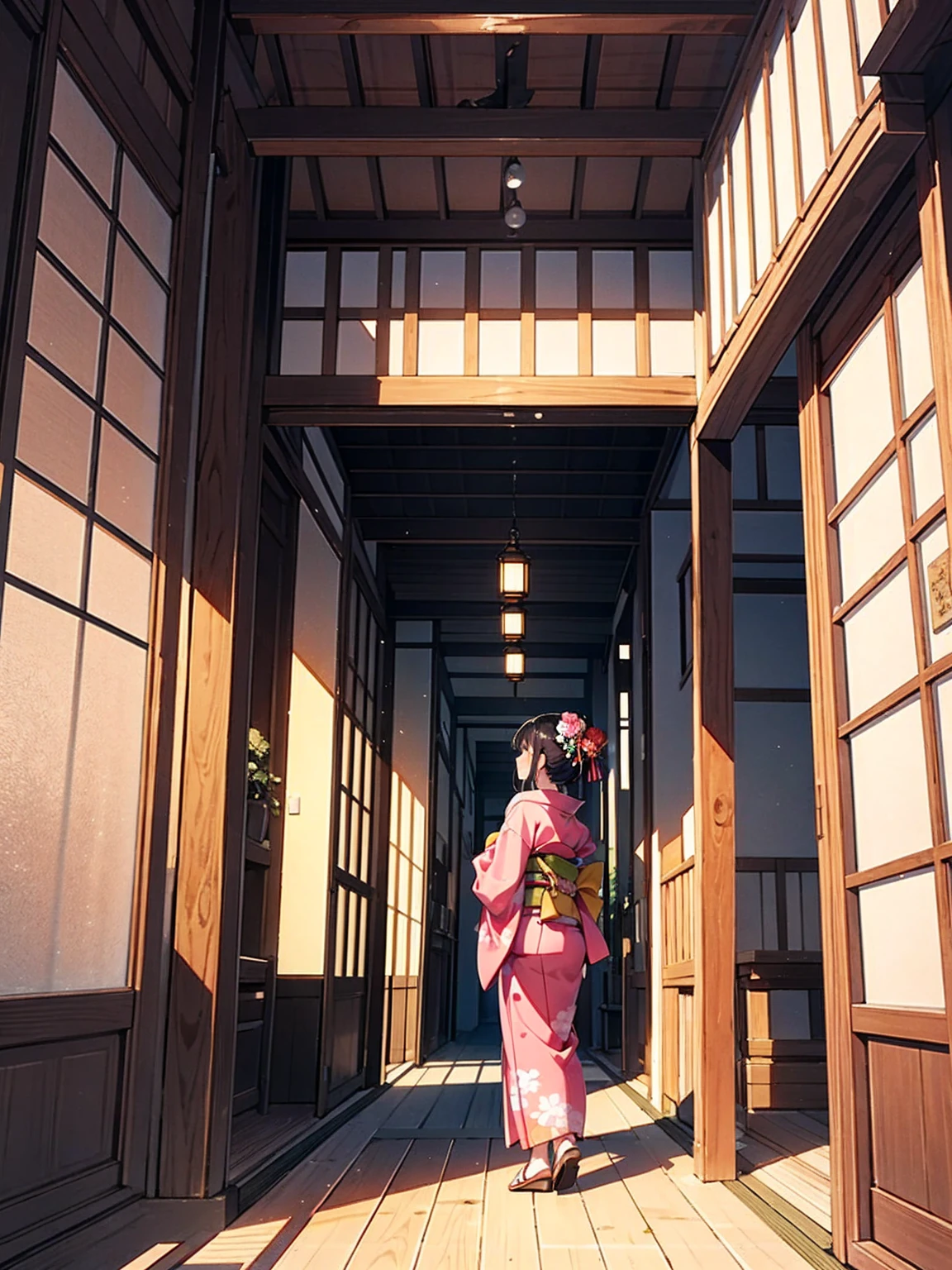 nape, Woman in kimono, Scenery of Kyoto townhouses, Wooden labyrinth, indoor