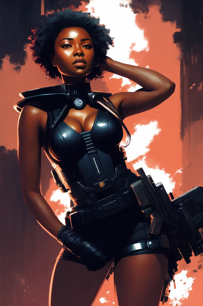 full body portrait of a beautiful young Congolese lady, short hair, (sci-fi:1.2), masterpiece, intense shadows, ambient light, illustration, (thick outlines:1.2), cartoon, highres, drawn by Inoue Takehiko, (Yoji Shinkawa:0.9), Jakub Rozalski, (kuvshinov:1)