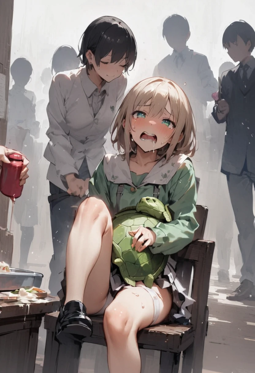 School job search、Spits out a giant green turtle from its mouth、school lunch、Girl、Girl、Short、Younger、Baby Face、flat chest、Dynamic Angle、masterpiece、best quality、ultra-detail、Both eyes open、Sweat、Light clothing、Turtle cuisine、meal、classmate、Crying face、Open your mouth、Vomit、mini skirt、Panties、canteen、Sitting in a chair、Many children are sitting
