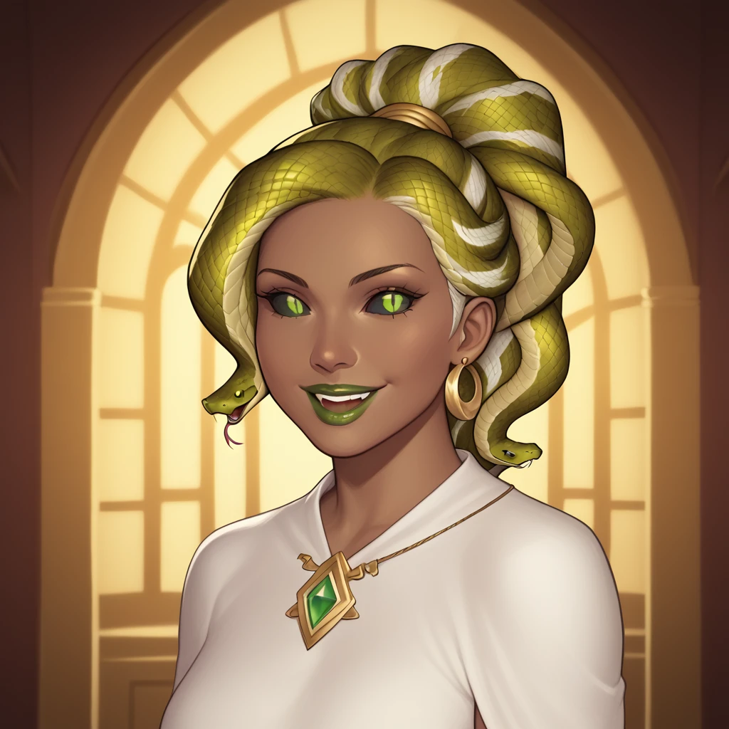 (((beautiful, high quality, perfect eyes, comics style, semi-realistic, detailed face))), upper body, score_9, score_8_up, score_7_up, | ((colored sclera, black sclera, slit pupils, scales)), 1woman, mature, (((sn4k3h41r, snake hair, ponytail))), Very ((dark skin, dark-skinned)), big smile, open mouth, full of happiness, looks so happy, green iris eyes, wide bold lips, dress redwizard robes over a white linen dress, | (wizard tower, fantasy background, blurred background), digital painting, volumetric lighting, easynegative, JIM EIDOMODE,