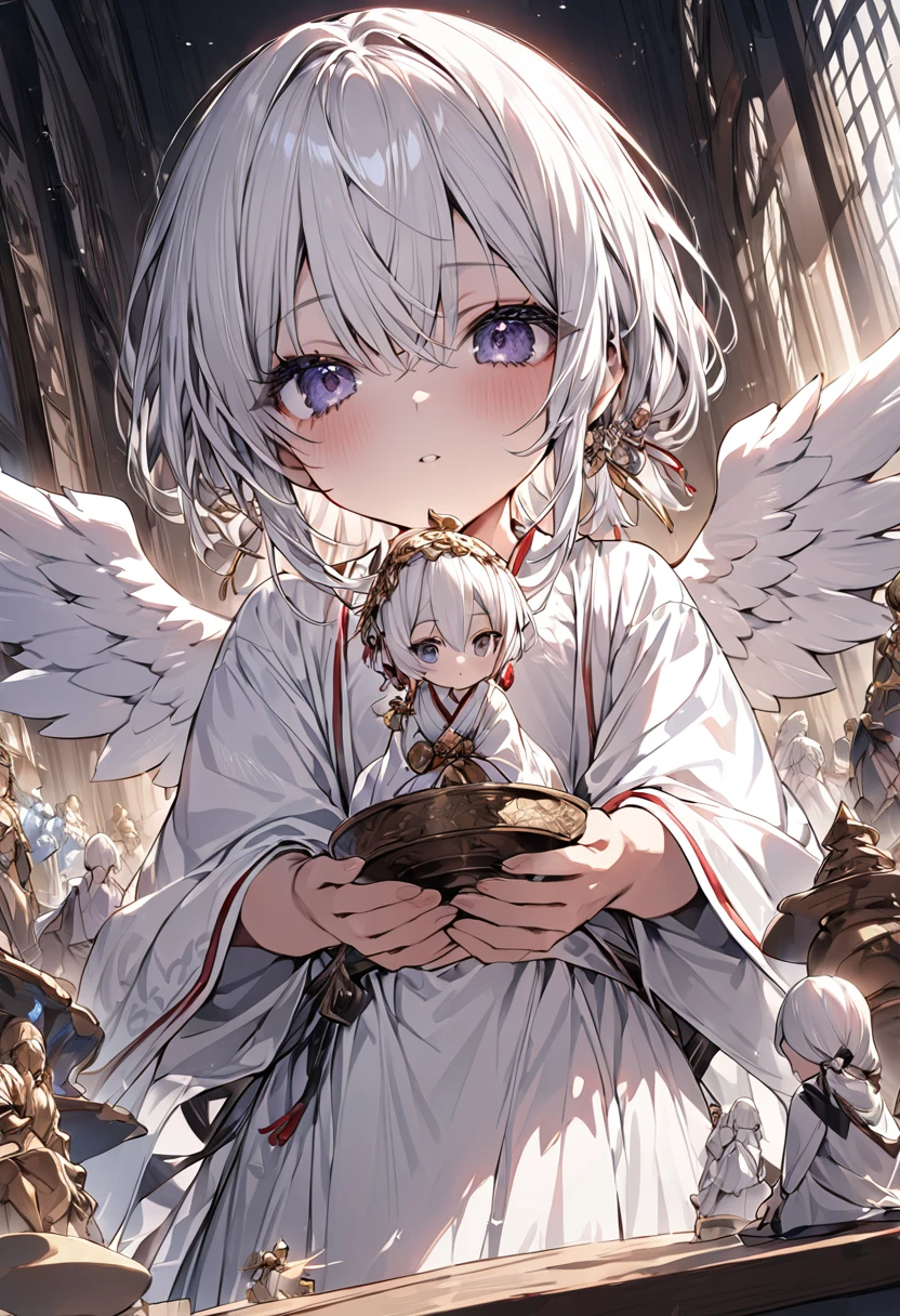 ((masterpiece)), ((Highest quality)), ((Super detailed)), figure, Dressed as an angel、A young man with short white hair and dark eyes, Wearing a white Hanfu with black and red trim、Facing directly towards the viewer. In the background、背中から巨大な白い天使の羽が生えている幻想的な構figureが描かれている。