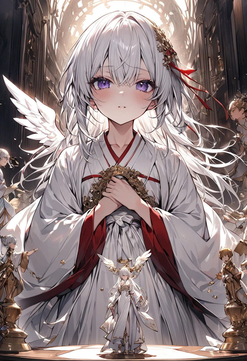 ((masterpiece)), ((Highest quality)), ((Super detailed)), figure, Dressed as an angel、A young man with short white hair and dark eyes, Wearing a white Hanfu with black and red trim、Facing directly towards the viewer. In the background、背中から巨大な白い天使の羽が生えている幻想的な構figureが描かれている。