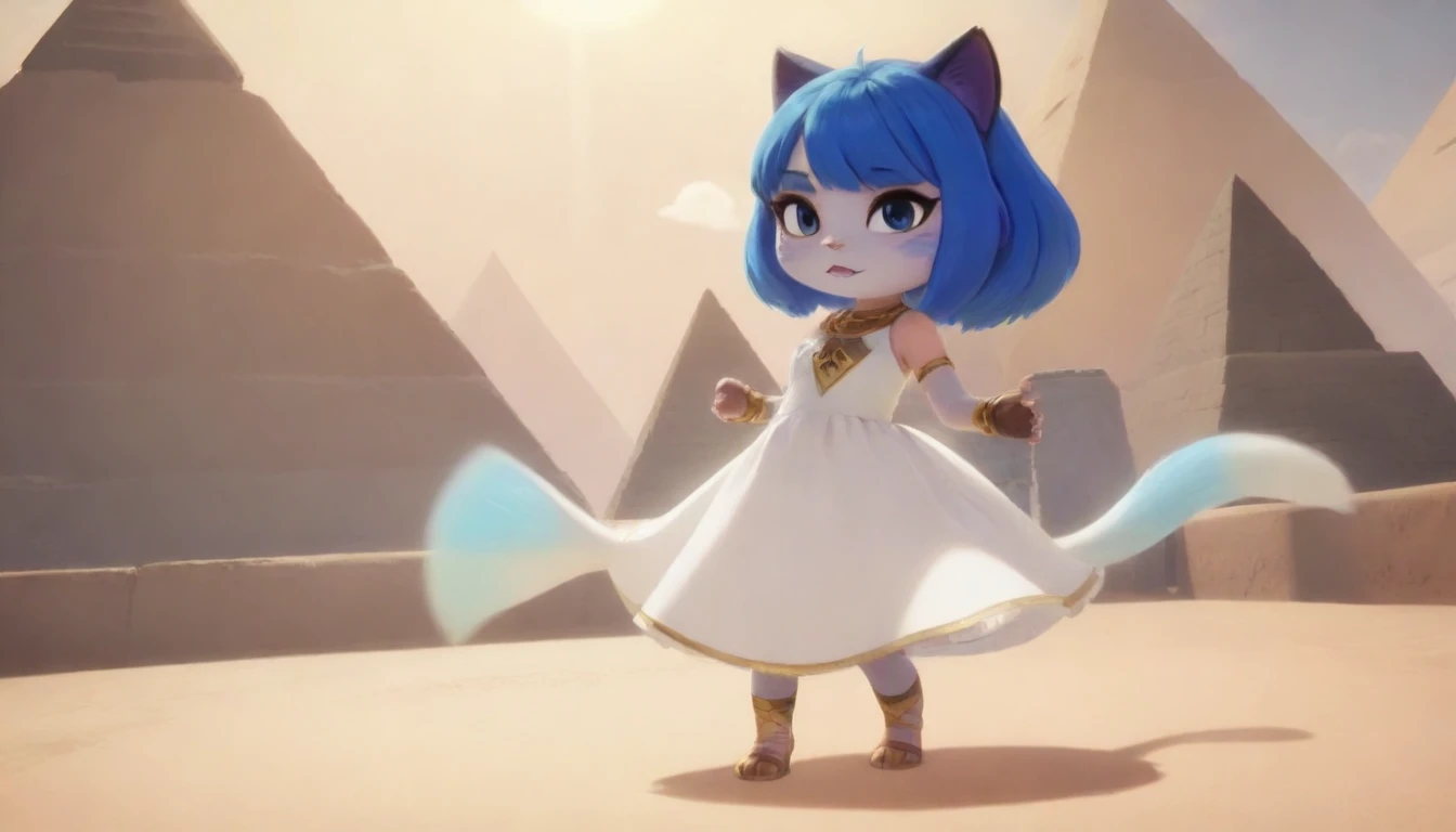1girl,Artist Name,Egyptian cat,Blue Hair,skin,Keep your mouth shut,Wear,whole body,solo,Standing,猫Tail,Keep your mouth shut,Wear,Looking at the audience,Animal Crossing Furry, Blue Hair, Hair accessories, 黄skin, black eyes, White Dress, Tail, Egyptian Pyramids,mummy,Sunlight,sunny,(masterpiece), ((best quality), Detailed background, masterpiece, best quality, high quality, absurd, The award-winning, professional, Very detailed
