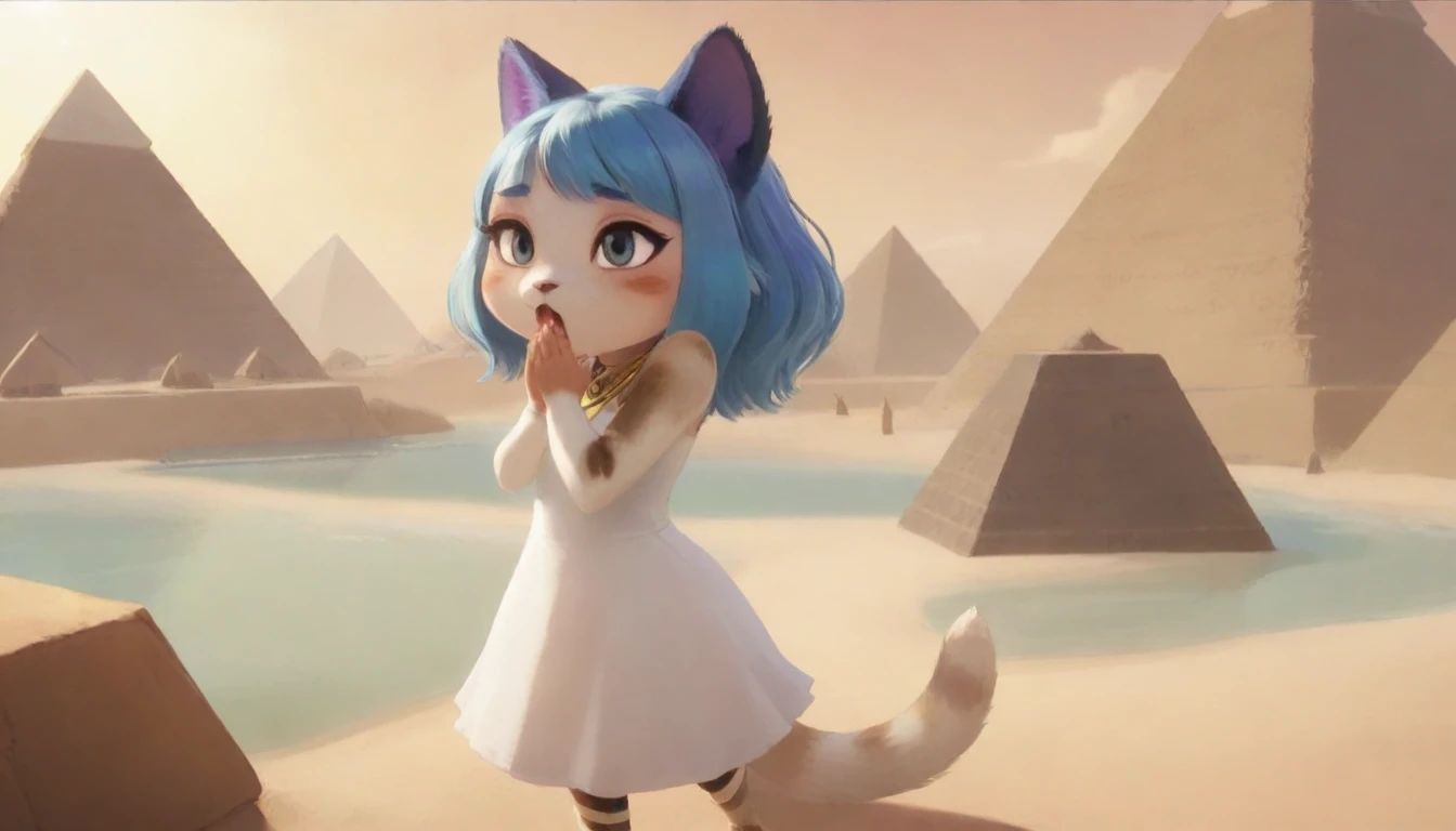 1girl,Artist Name,Egyptian cat,Blue Hair,skin,Keep your mouth shut,Wear,whole body,solo,Standing,猫Tail,Keep your mouth shut,Wear,Looking at the audience,Animal Crossing Furry, Blue Hair, Hair accessories, 黄skin, black eyes, White Dress, Tail, Egyptian Pyramids,mummy,Sunlight,sunny,(masterpiece), ((best quality), Detailed background, masterpiece, best quality, high quality, absurd, The award-winning, professional, Very detailed