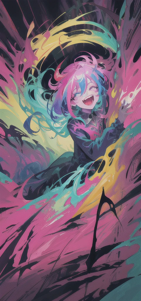Close-up of color painting of a devil with a big mouth, Psychedelic Laughing Devil, Scary color art in 4K, Colorful and sinister background, Psychedelic space horror, Hypercolor Digital Art, Vibrant colors、Attention to detail, Colorful explosions, Colorful horror art, Colorful Film Art, Colorful illustration, Vivid neon ink painting, Incredibly detailed color art