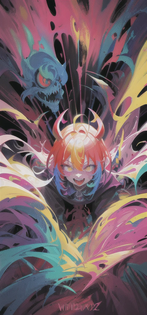 Close-up of color painting of a devil with a big mouth, Psychedelic Laughing Devil, Scary color art in 4K, Colorful and sinister background, Psychedelic space horror, Hypercolor Digital Art, Vibrant colors、Attention to detail, Colorful explosions, Colorful horror art, Colorful Film Art, Colorful illustration, Vivid neon ink painting, Incredibly detailed color art
