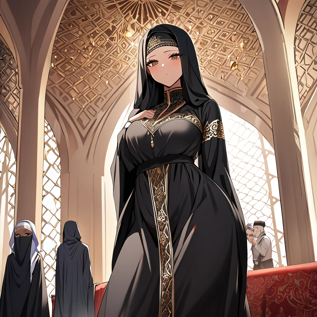 ((Highest quality)), ((masterpiece)), (detailed), (Perfect Face)、Women must wear black hijabs and niqabs、The woman is Momo Beria Deviluke, a devout Muslim., Arab with bright brown skin, In an Islamic prayer hall、She wears a gorgeous black abaya with gold embroidery.。, A gorgeous black hijab and niqab tightly covers her head, Gorgeous hair ornament, Gorgeous jewellery and engagement rings. The woman and the man are in a luxurious palace, And the woman、Wearing Arab national dress、In an Islamic prayer hall with a dignified bearded middle-aged Arab Muslim man、The woman is the elegant Momo Belia Deviluke., Pink hair short bob, Black abaya and、The woman is wearing a gorgeous black hijab and niqab. She is a devout Muslim Arab with vibrant brown skin.。.、(The woman was named Momo Belia Deviluke.、He is a dark-skinned Arab and a devout Muslim.)