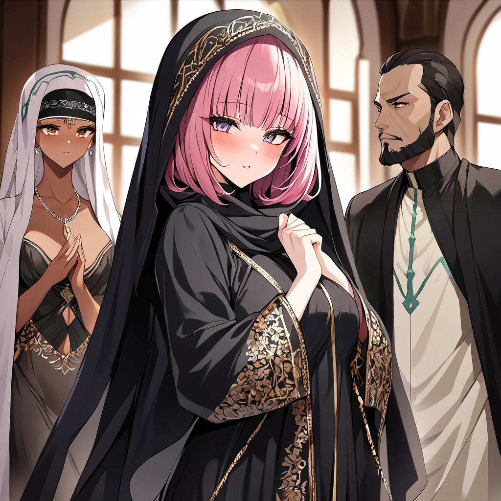 ((Highest quality)), ((masterpiece)), (detailed), (Perfect Face)、Women must wear black hijabs and niqabs、The woman is Momo Beria Deviluke, a devout Muslim., Arab with bright brown skin, In an Islamic prayer hall、She wears a gorgeous black abaya with gold embroidery.。, A gorgeous black hijab and niqab tightly covers her head, Gorgeous hair ornament, Gorgeous jewellery and engagement rings. The woman and the man are in a luxurious palace, And the woman、Wearing Arab national dress、In an Islamic prayer hall with a dignified bearded middle-aged Arab Muslim man、The woman is the elegant Momo Belia Deviluke., Pink hair short bob, Black abaya and、The woman is wearing a gorgeous black hijab and niqab. She is a devout Muslim Arab with vibrant brown skin.。.、(The woman was named Momo Belia Deviluke.、He is a dark-skinned Arab and a devout Muslim.)