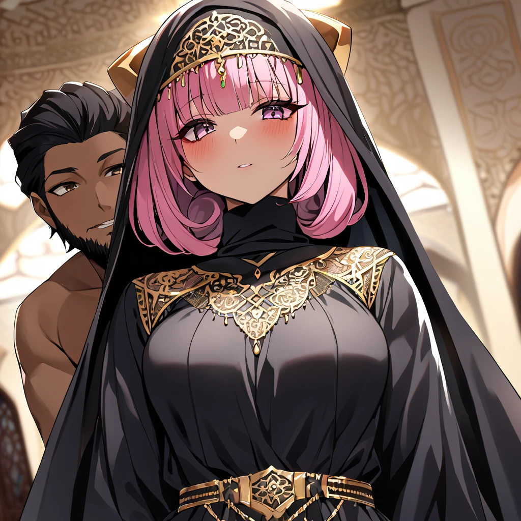 ((Highest quality)), ((masterpiece)), (detailed), (Perfect Face)、Women must wear black hijabs and niqabs、The woman is Momo Beria Deviluke, a devout Muslim., Arab with bright brown skin, In an Islamic prayer hall、She wears a gorgeous black abaya with gold embroidery.。, A gorgeous black hijab and niqab tightly covers her head, Gorgeous hair ornament, Gorgeous jewellery and engagement rings. The woman and the man are in a luxurious palace, And the woman、Wearing Arab national dress、In an Islamic prayer hall with a dignified bearded middle-aged Arab Muslim man、The woman is the elegant Momo Belia Deviluke., Pink hair short bob, Black abaya and、The woman is wearing a gorgeous black hijab and niqab. She is a devout Muslim Arab with vibrant brown skin.。.、(The woman was named Momo Belia Deviluke.、He is a dark-skinned Arab and a devout Muslim.)