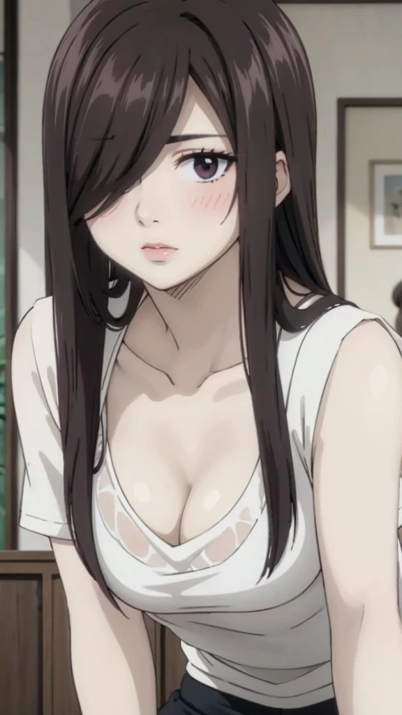 Cute , mature women, chubby cheek,realistic skin,t shirt see through nipple,realistic breast, saggy breast, nipple out,muted colours, cold lighting, pale white skin, mature women,black hair, long hair, (hair over one eye:1.4), Messy hair,straight hair,hair between eyes ,sleepy eyes ,beautiful,pucker lips,charm,pubic hair pussy,dense pubic hair, cute shy blush on