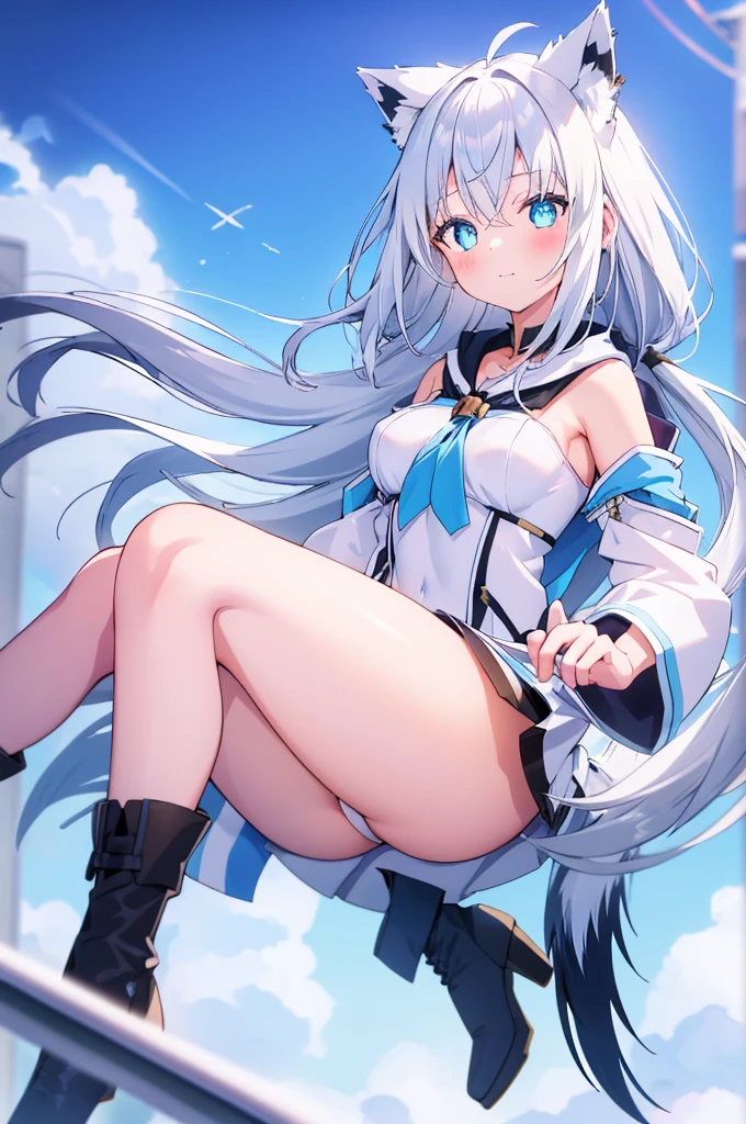 Girl in the air,Hollow, 10 meters high, Cityscape,Beautiful cat wolf girl, Silver Hair, Wolf Ears, and tail, Bright blue eyes, Icy, (Unusual students), (Glowing Eyes), (Magic Eye), Zero Gravity Boots, Super detailed,Natural light,Vibrant colors, whole body, Wide-angle lens,masterpiece,