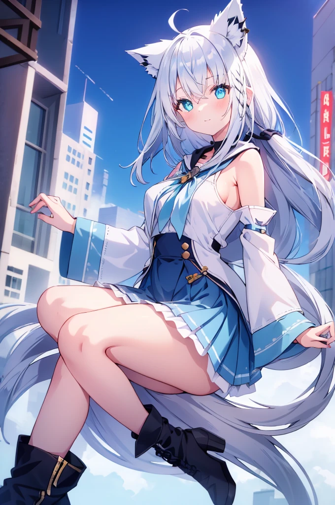 Girl in the air,Hollow, 10 meters high, Cityscape,Beautiful cat wolf girl, Silver Hair, Wolf Ears, and tail, Bright blue eyes, Icy, (Unusual students), (Glowing Eyes), (Magic Eye), Zero Gravity Boots, Super detailed,Natural light,Vibrant colors, whole body, Wide-angle lens,masterpiece,