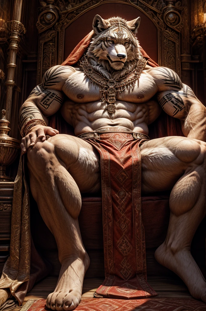 male, semen, white fox, (furry body,)all body, high quality, realistic, muscular, massive, shrine, sacred, red tattoo, furry, masterpiece, (full nude, Luxurious loincloth, Luxury accessories, ) erection under cloth,) divine, spread legs,