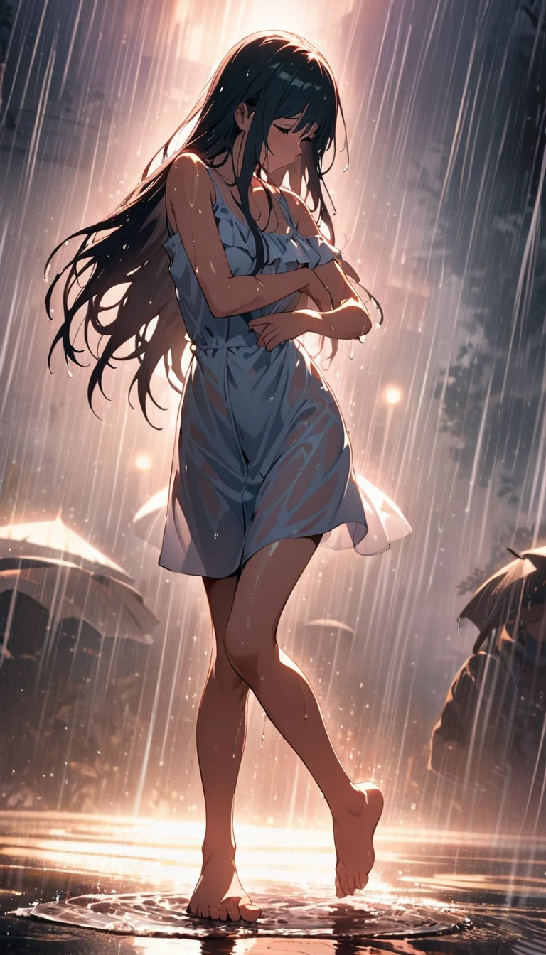 (masterpiece,top quality,high quality)), ((8K wallpaper unified with high definition CG)), (huge stunning goddess shot, so hot and sexy, jaw dropping beauty, perfect proportions, beautiful body, slim body beauty:1.3), (dancing in the rain:1.5)), Woman in white dress dancing in the rain, dancing in the rain, sloshing rain, soaking wet, soaking wet body, carnal desire, wet in the rain, wet dress, backlighting, rain, wet hair shaking, splashing rain, night, rain, portrait of dancer, facing away, looking across, eyes closed, Rough pose, dynamic composition,