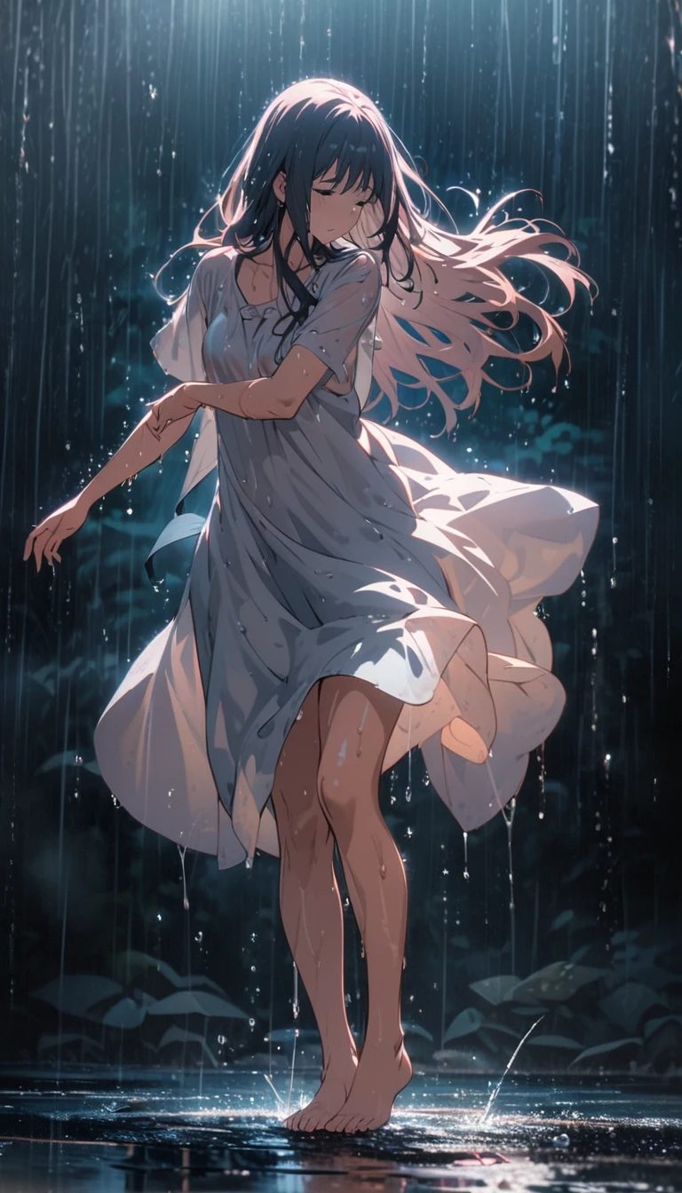 Long-haired girl dancing swan dance in the rain，Wet，Barefoot，High Leg Raise，Full body portrait，High Saturation，CG Art， Makoto Shinkai&#39;s photo, pure, Concept Art, Lofi Art style，Shinkai Makoto animation art style, Lofi Art, Beautiful anime scene, Anime Landscape, Detailed scenery, Makoto Shinkai&#39;s style, Makoto Shinkai&#39;s style, Enhance Details