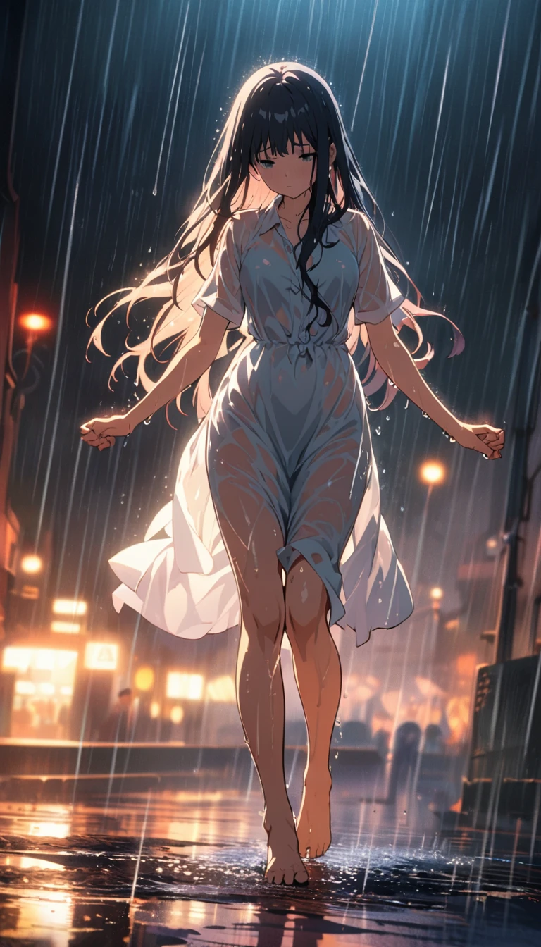 Long-haired girl dancing in the rain，Wet，Barefoot，Full body portrait，High Saturation，CG Art， Makoto Shinkai&#39;s photo, pure, Concept Art, Lofi Art style，Shinkai Makoto animation art style, Lofi Art, Beautiful anime scene, Anime Landscape, Detailed scenery, Makoto Shinkai&#39;s style, Makoto Shinkai&#39;s style, Enhance Details