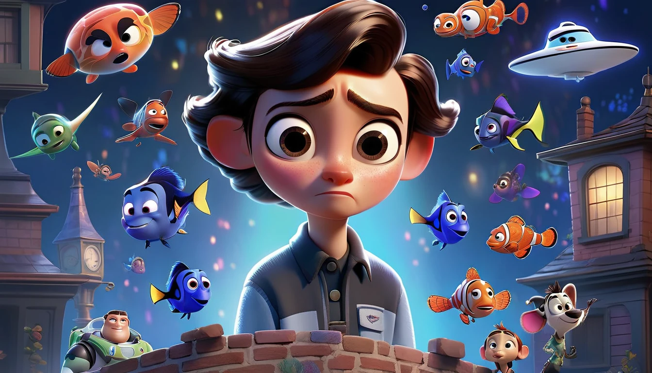 "A character reflecting on different life stages, with images of past events floating around them, Disney Pixar style."