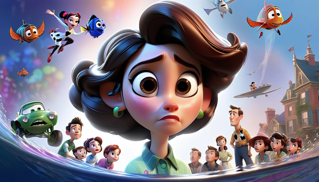 "A character reflecting on different life stages, with images of past events floating around them, Disney Pixar style."