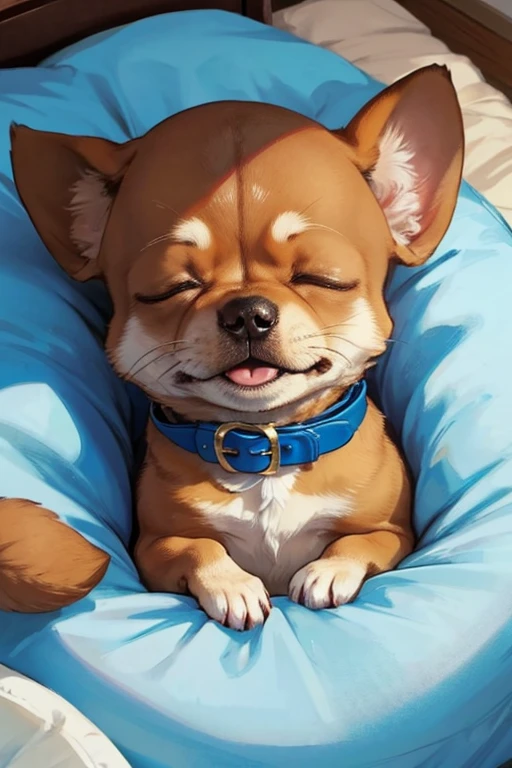 hight quality, Uplifting, a dog, Chihuahua, brown , soft animal hair, small face, big ear, a blue collar, sleep in a bed, close eyes, curl up in a circle