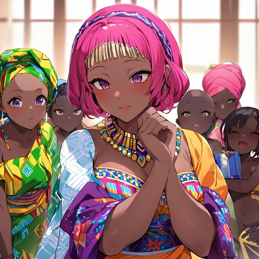 ((Highest quality)), ((masterpiece)), (detailed), （Perfect Face）、The woman is Momo Belia Deviluke, a Ghanaian by birth, with a vibrant dark skin, and is wearing a vibrant Ghanaian dress, a vibrant headscarf, gorgeous jewellery and an engagement ring.、The woman is the elegant Momo Belia Deviluke, with short pink bob hair, a colorful Ghanaian dress, a colorful headscarf, and vivid dark brown skin. She is a natural-born black and Ghanaian.、（The woman is a black Ghanaian with vivid dark brown skin.）、The woman is raising children and doing village work with other village girls in her village in Ghana.