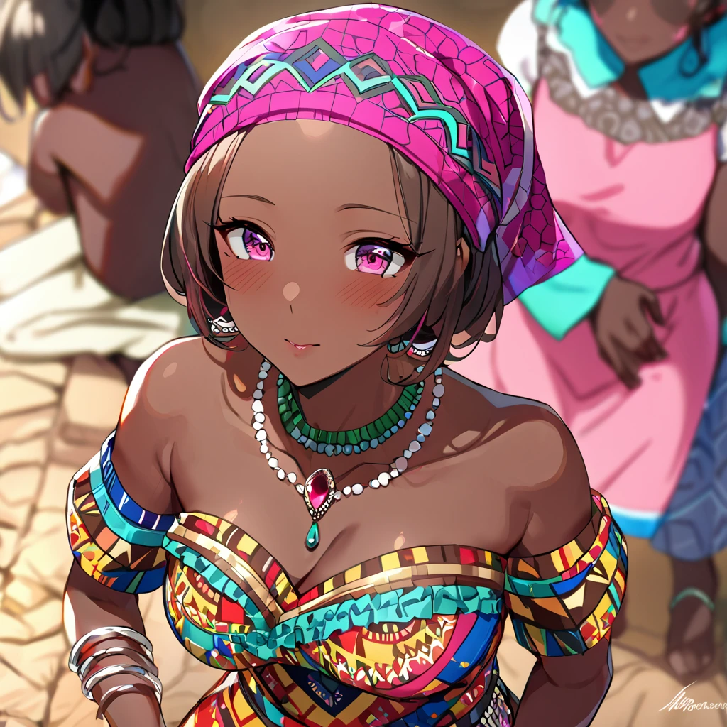 ((Highest quality)), ((masterpiece)), (detailed), （Perfect Face）、The woman is Momo Belia Deviluke, a Ghanaian by birth, with a vibrant dark skin, and is wearing a vibrant Ghanaian dress, a vibrant headscarf, gorgeous jewellery and an engagement ring.、The woman is the elegant Momo Belia Deviluke, with short pink bob hair, a colorful Ghanaian dress, a colorful headscarf, and vivid dark brown skin. She is a natural-born black and Ghanaian.、（The woman is a black Ghanaian with vivid dark brown skin.）、The woman is raising  and doing village work with other village girls in her village in Ghana.