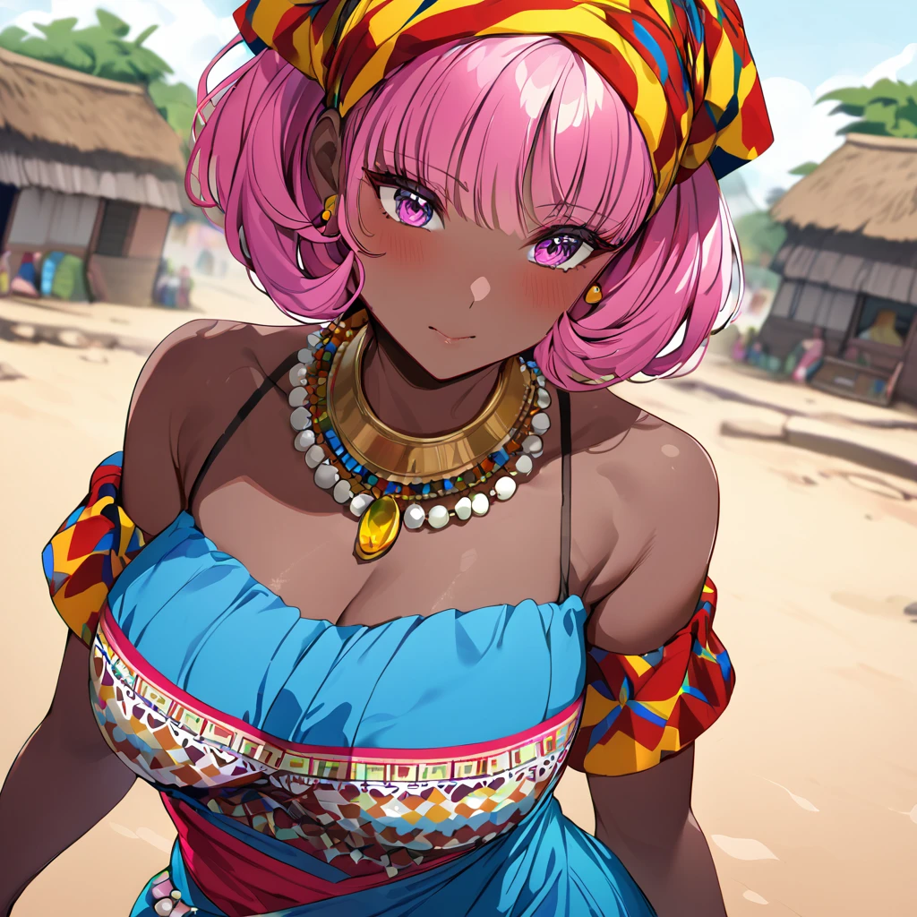 ((Highest quality)), ((masterpiece)), (detailed), （Perfect Face）、The woman is Momo Belia Deviluke, a Ghanaian by birth, with a vibrant dark skin, and is wearing a vibrant Ghanaian dress, a vibrant headscarf, gorgeous jewellery and an engagement ring.、The woman is the elegant Momo Belia Deviluke, with short pink bob hair, a colorful Ghanaian dress, a colorful headscarf, and vivid dark brown skin. She is a natural-born black and Ghanaian.、（The woman is a black Ghanaian with vivid dark brown skin.）、The woman is raising  and doing village work with other village girls in her village in Ghana.