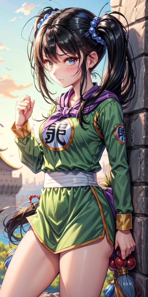 masterpiece, best quality, 4k, 8k, fighter (dq3), 1girl, solo, long hair, twintails, looking at viewer, black hair, hair ornament, long sleeves, dress, medium breasts, closed mouth, cowboy shot, black eyes, chinese clothes, hair bobbles, clenched hand, Punching, Boxing Jab, Feet Apart, Ancient Castle