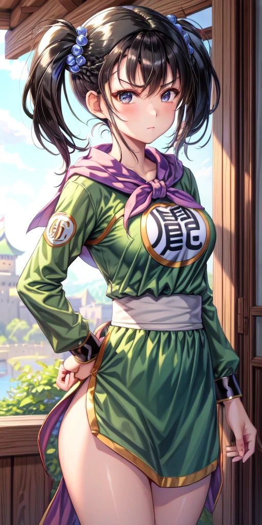masterpiece, best quality, 4k, 8k, fighter (dq3), 1girl, solo, long hair, twintails, looking at viewer, black hair, hair ornament, long sleeves, dress, medium breasts, closed mouth, cowboy shot, black eyes, chinese clothes, hair bobbles, clenched hand, Punching, Boxing Jab, Feet Apart, Ancient Castle