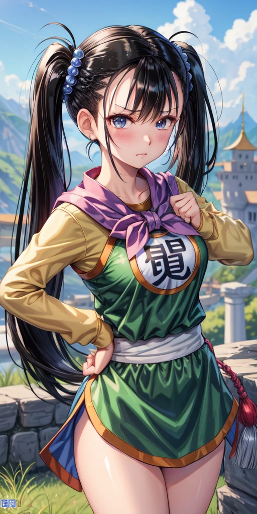 masterpiece, best quality, 4k, 8k, fighter (dq3), 1girl, solo, long hair, twintails, looking at viewer, black hair, hair ornament, long sleeves, dress, medium breasts, closed mouth, cowboy shot, black eyes, chinese clothes, hair bobbles, clenched hand, Punching, Boxing Jab, Feet Apart, Ancient Castle