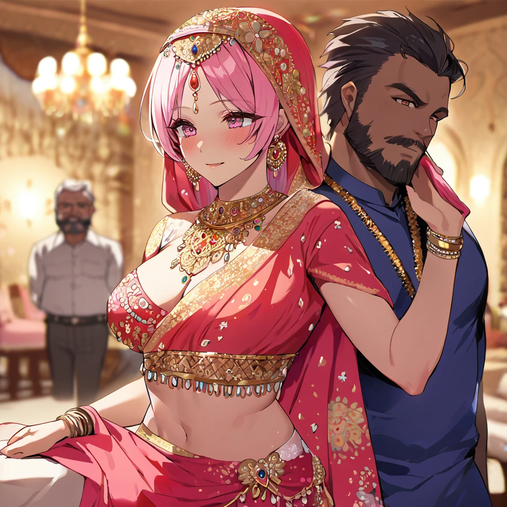 ((Highest quality)), ((masterpiece)), (detailed), (Perfect Face)、The woman is a Hindu Indian named Momo Belia Deviluke with vivid brown skin and a red bindi on her forehead. She is wearing a gorgeous and dazzling traditional Indian wedding dress, a colorful sari, a gorgeous and colorful thottu, a colorful hijab, a bindi, a gorgeous hair ornament, gorgeous jeweled accessories, and an engagement ring, in a luxurious Indian mansion. The woman and the man are in a luxurious palace, and the woman is being held by a middle-aged Indian man with a muscular beard and wearing Indian traditional clothing, who is showing off his gorgeously dressed and beautiful wife to others, as he brags about her.、The woman is an elegant Momo Belia Deviluke with pink hair, short bob hair, wearing a colorful sari and a colorful hijab, bright brown skin, a red bindi on her forehead, and a Hindu Indian Momo Belia Deviluke.、(The woman is Momo Belia Deviluke, a dark-skinned Indian.)、The man is a dignified, muscular, bearded, middle-aged Hindu Indian man wearing traditional Indian clothing.