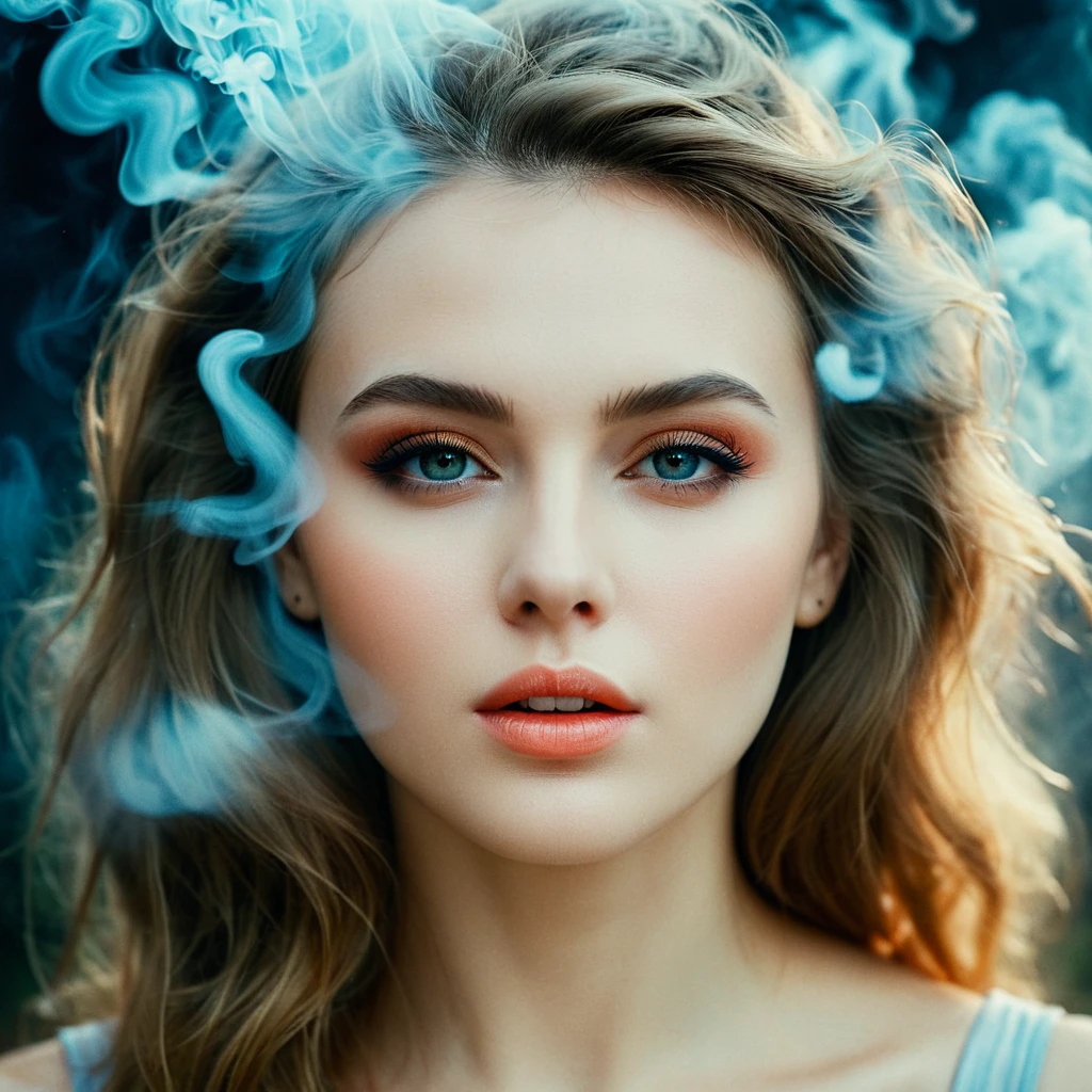 "memories are the water of life" (Misterious mood Soft Lighting Photography), stunning medium format analog photo, TWbabeXL01 beautiful (woman), A beautiful ((evil slavic woman)), pale skin, long dark blond hair, portrait of a woman covered in cloud of smoke, whirlwind, coral highlight colors, coral make-up, hints of pastel, misty, seductive, sultry, breathtaking, oil painting style, artistic, aesthetic modern art, hyper-realism, OverallDetailXL