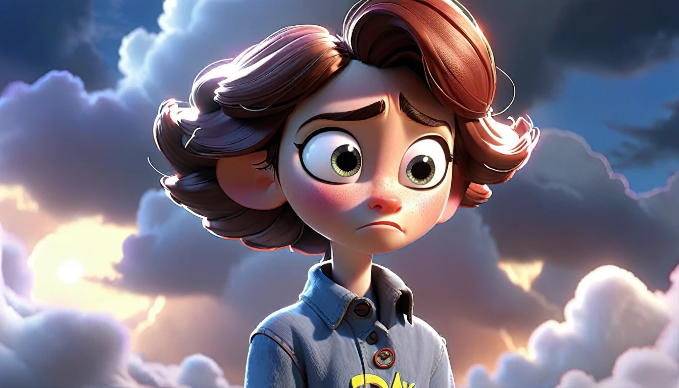 "A character standing strong despite visible pain, with light breaking through clouds in the background, in a hopeful Disney Pixar style."