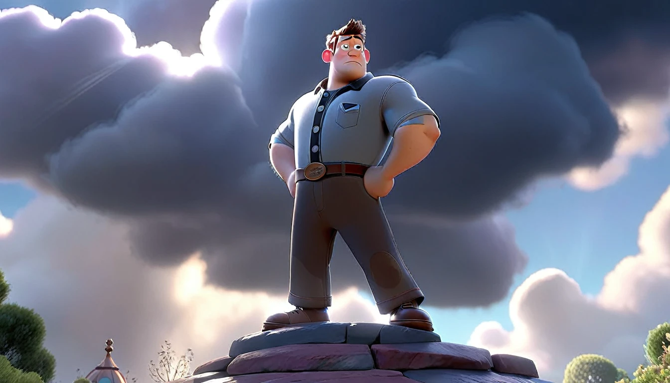 "A character standing strong despite visible pain, with light breaking through clouds in the background, in a hopeful Disney Pixar style."