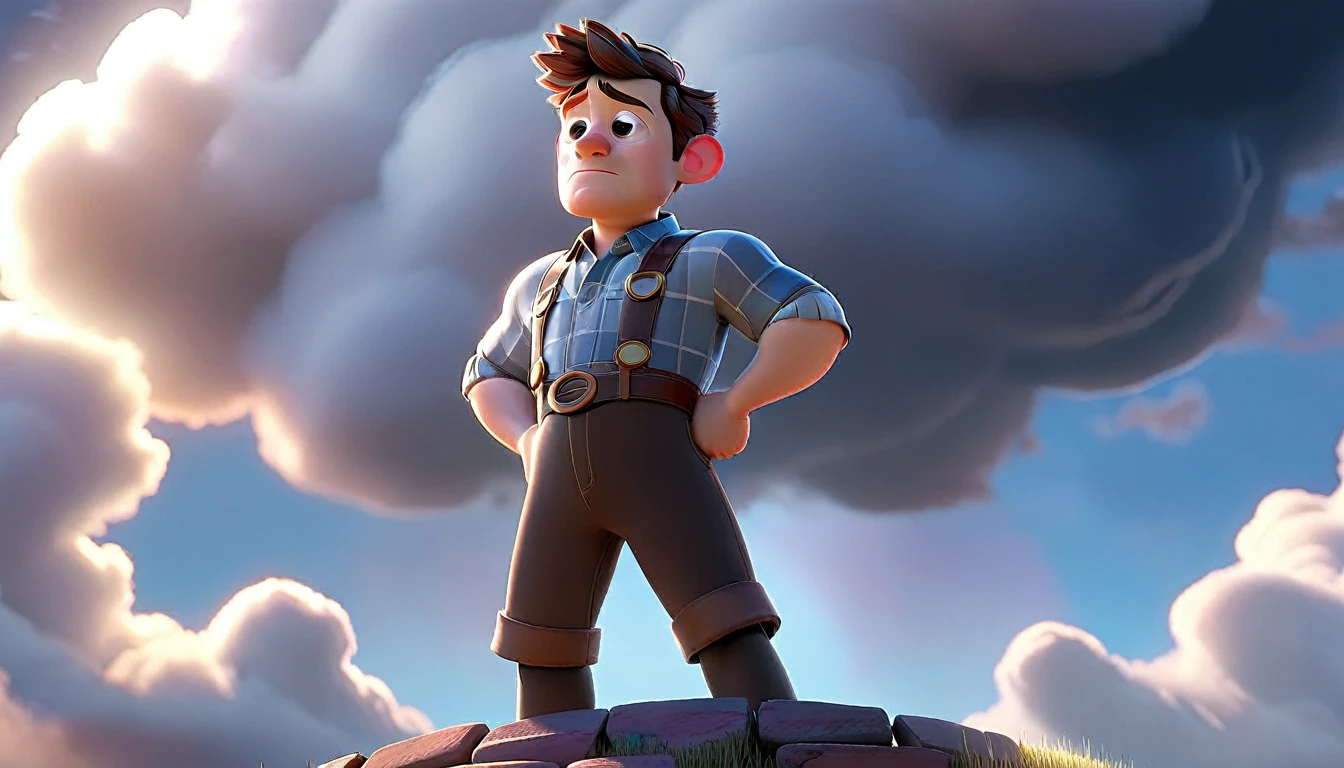"A character standing strong despite visible pain, with light breaking through clouds in the background, in a hopeful Disney Pixar style."