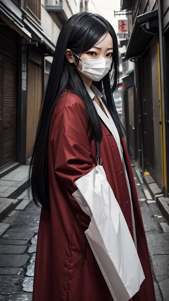 Create a realistic image of Kuchisake-onna。She has long black hair、He is wearing a white mask、Beneath it is a terrifying expression with a split mouth.。The background depicts dimly lit street corners and back alleys.、It exudes an eerie atmosphere。She is wearing a red coat、He has a big pair of scissors in his hand。Please make the image realistic and give a sense of fear overall.。