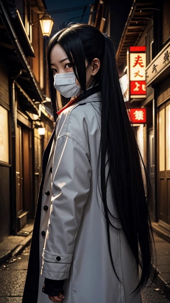 Create a realistic image of Kuchisake-onna。She has long black hair、He is wearing a white mask、Beneath it is a terrifying expression with a split mouth.。The background depicts dimly lit street corners and back alleys.、It exudes an eerie atmosphere。She is wearing a red coat、He has a big pair of scissors in his hand。Please make the image realistic and give a sense of fear overall.。