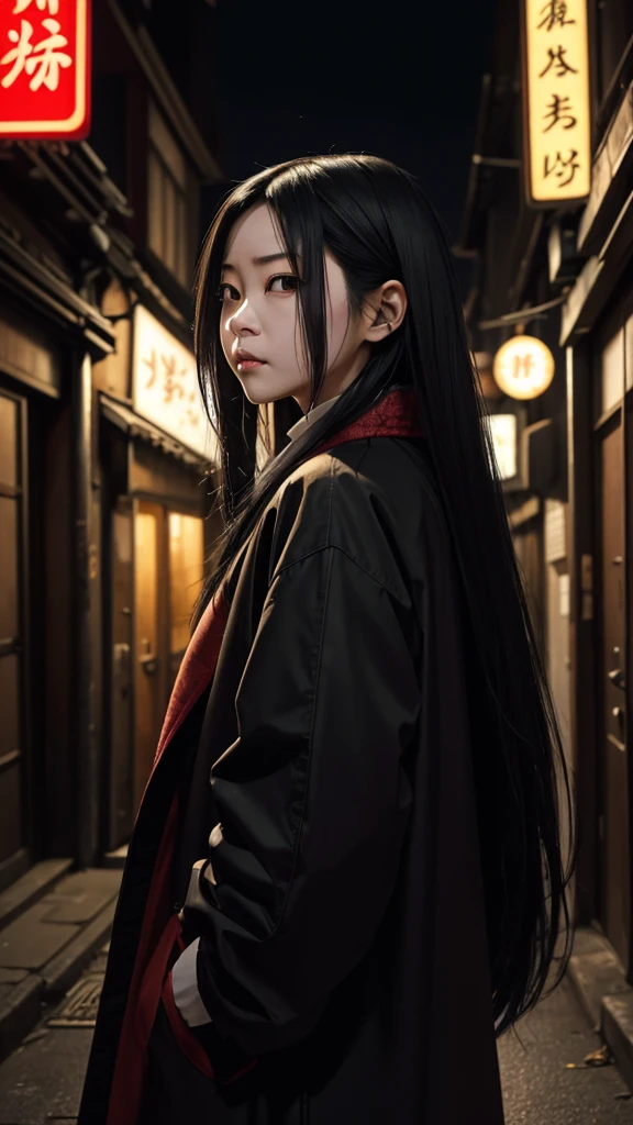 Create a realistic image of Kuchisake-onna。She has long black hair、He is wearing a white mask、Beneath it is a terrifying expression with a split mouth.。The background depicts dimly lit street corners and back alleys.、It exudes an eerie atmosphere。She is wearing a red coat、He has a big pair of scissors in his hand。Please make the image realistic and give a sense of fear overall.。