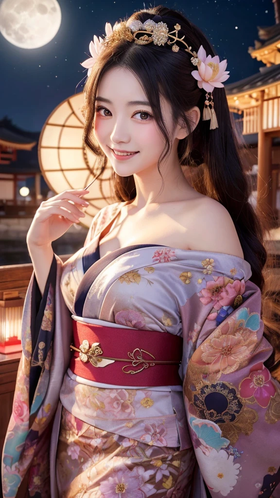 Goddess of love, flushed cheeks, early 20s, mysterious twelve-layered kimono, decorated kimono and mysterious hair ornament, big smile, sparkling eyes, fantastic background of night moon and lotus flowers, Japanese, long hair down