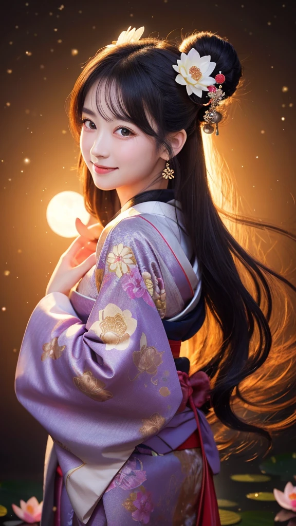 Goddess of love, flushed cheeks, early 20s, mysterious twelve-layered kimono, decorated kimono and mysterious hair ornament, big smile, sparkling eyes, fantastic background of night moon and lotus flowers, Japanese, long hair down