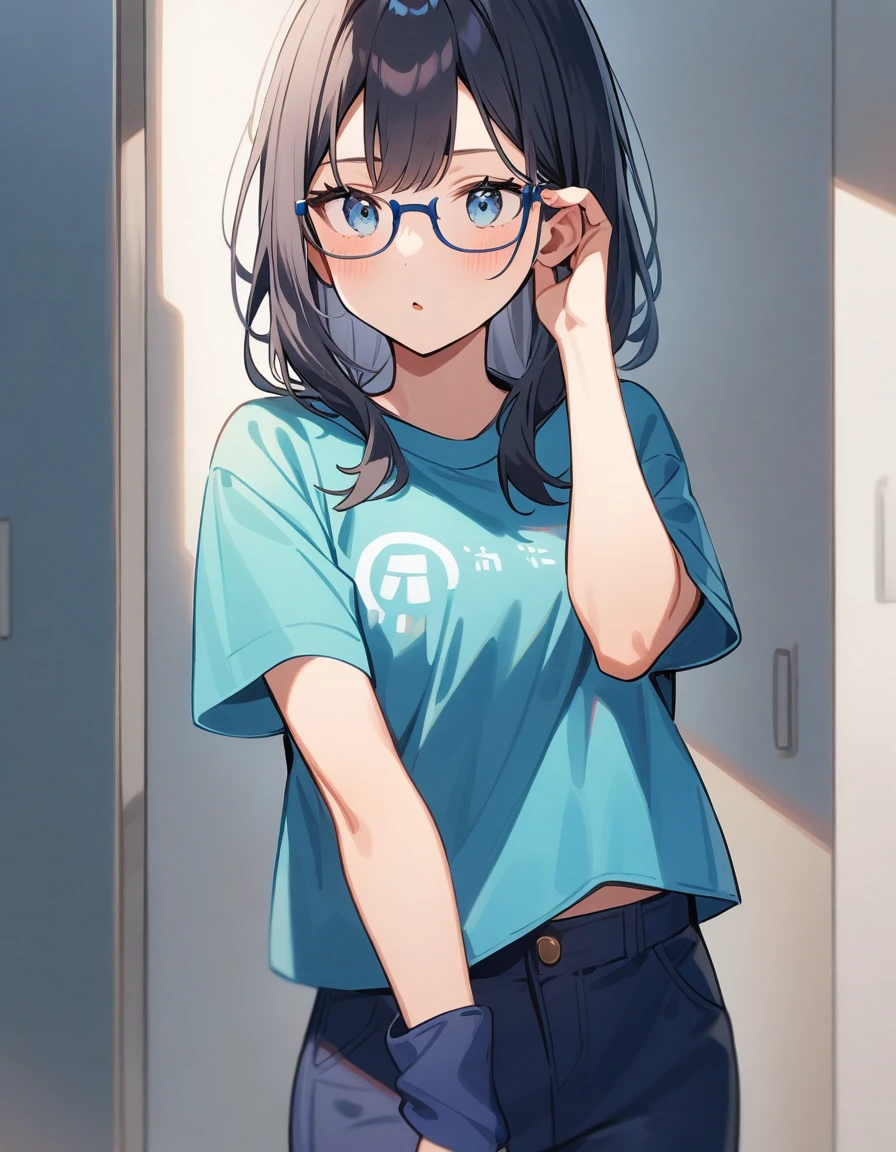 a girl with glasses, a short blue t-shirt and blue pants