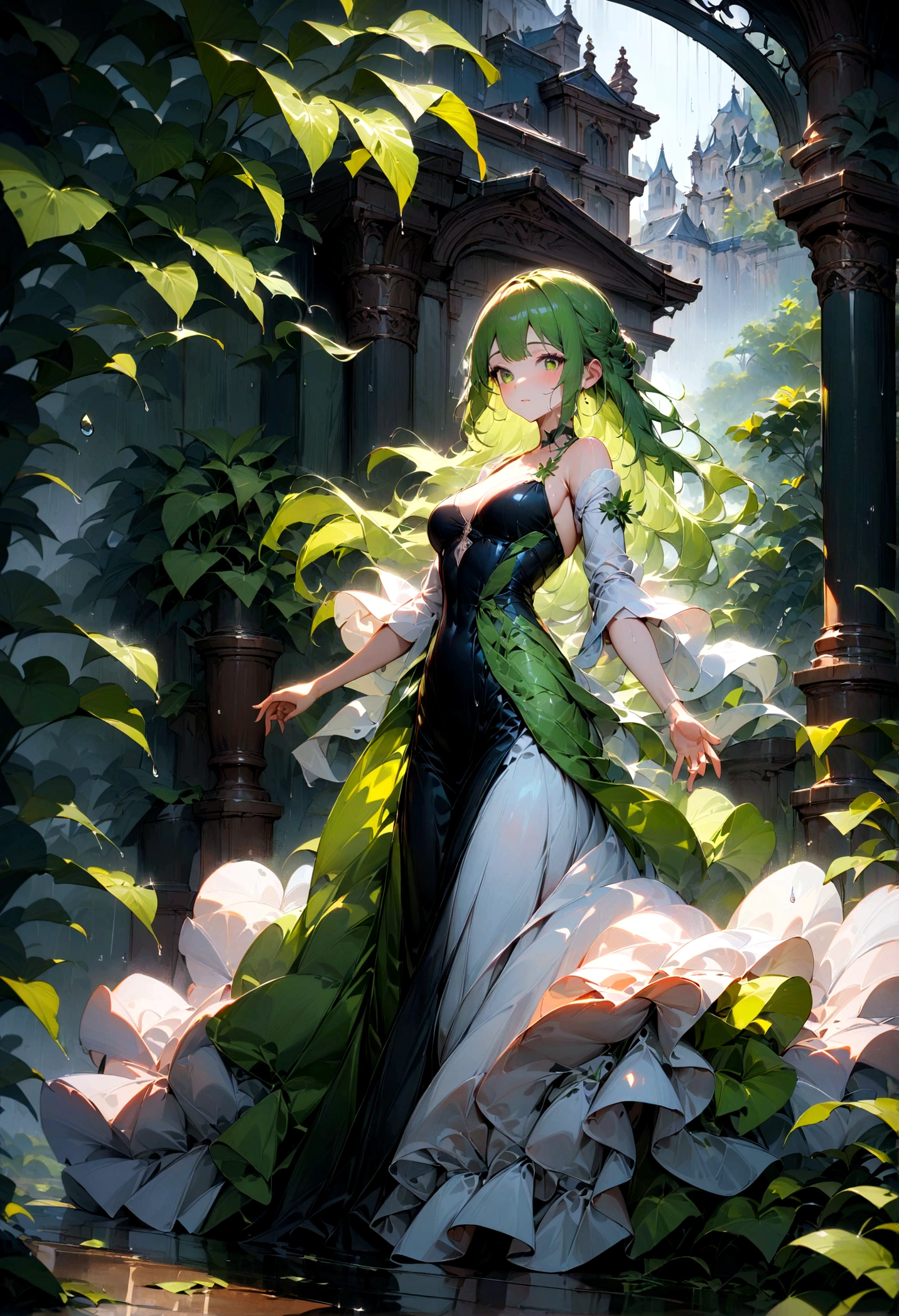1girl, Dancing in the Rain, A woman dancing in the rain, elegant and graceful, raindrops sparkling on her skin, long flowing dress billowing in the wind, serene expression, peaceful atmosphere, natural lighting, lush green foliage in the background, moody and atmospheric, ethereal and dreamlike, cinematic composition, high-quality detailed rendering, 8k, hyper-detailed, masterpiece, best quality, very aesthetic, absurdres
