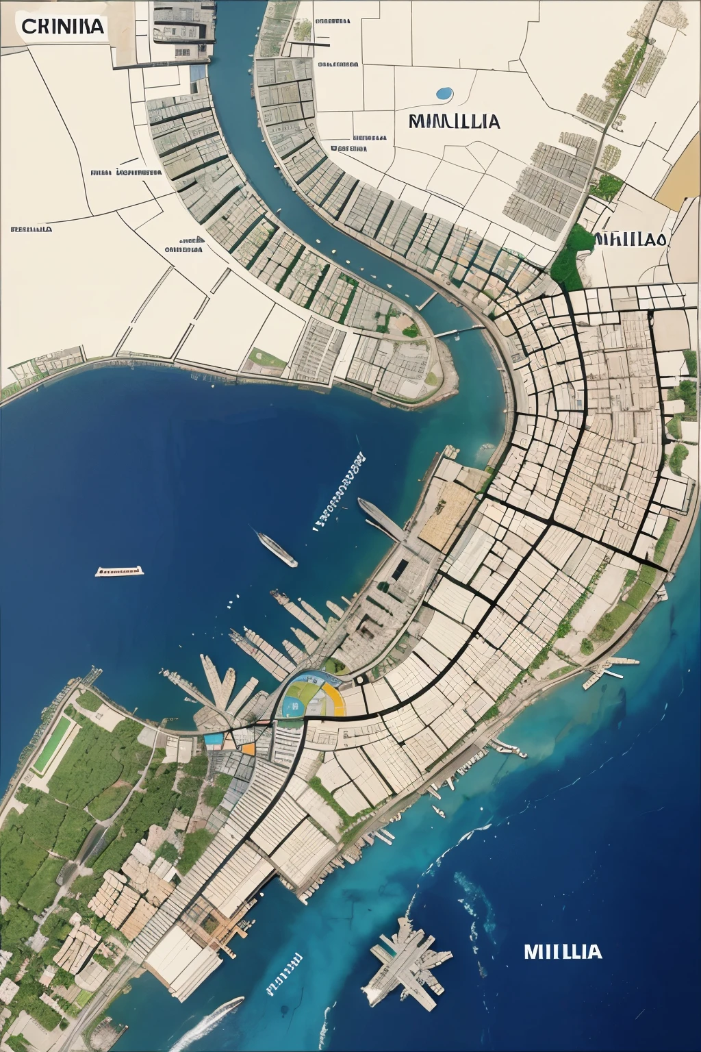 Create a map showing a city center in Manila, Philippines. Illustrate the key city features like roads, settlements, services, infrastructure, etc. Then, indicate the surrounding areas of the city in the north, east, west, and south. Finally, draw lines showing:
1. source of food (where does the city source its food?);